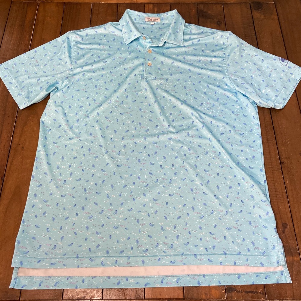 Peter Millar Summer Comfort Mens L Blue Jellyfish Polo Shirt Maderas Golf Logo